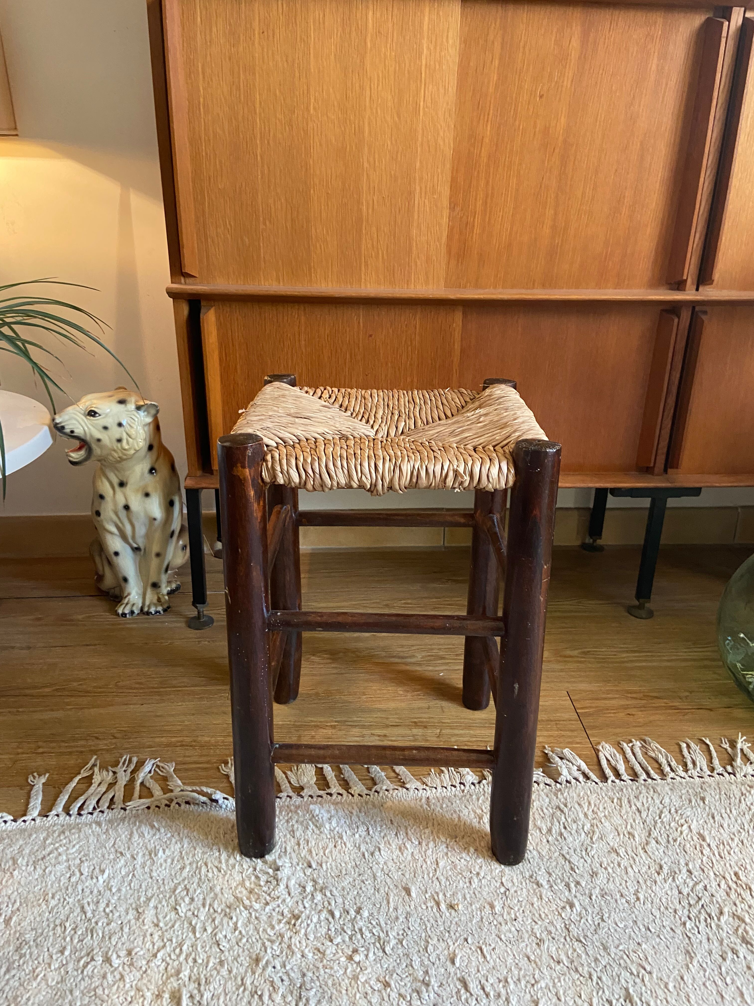 Vintage wooden and straw stool