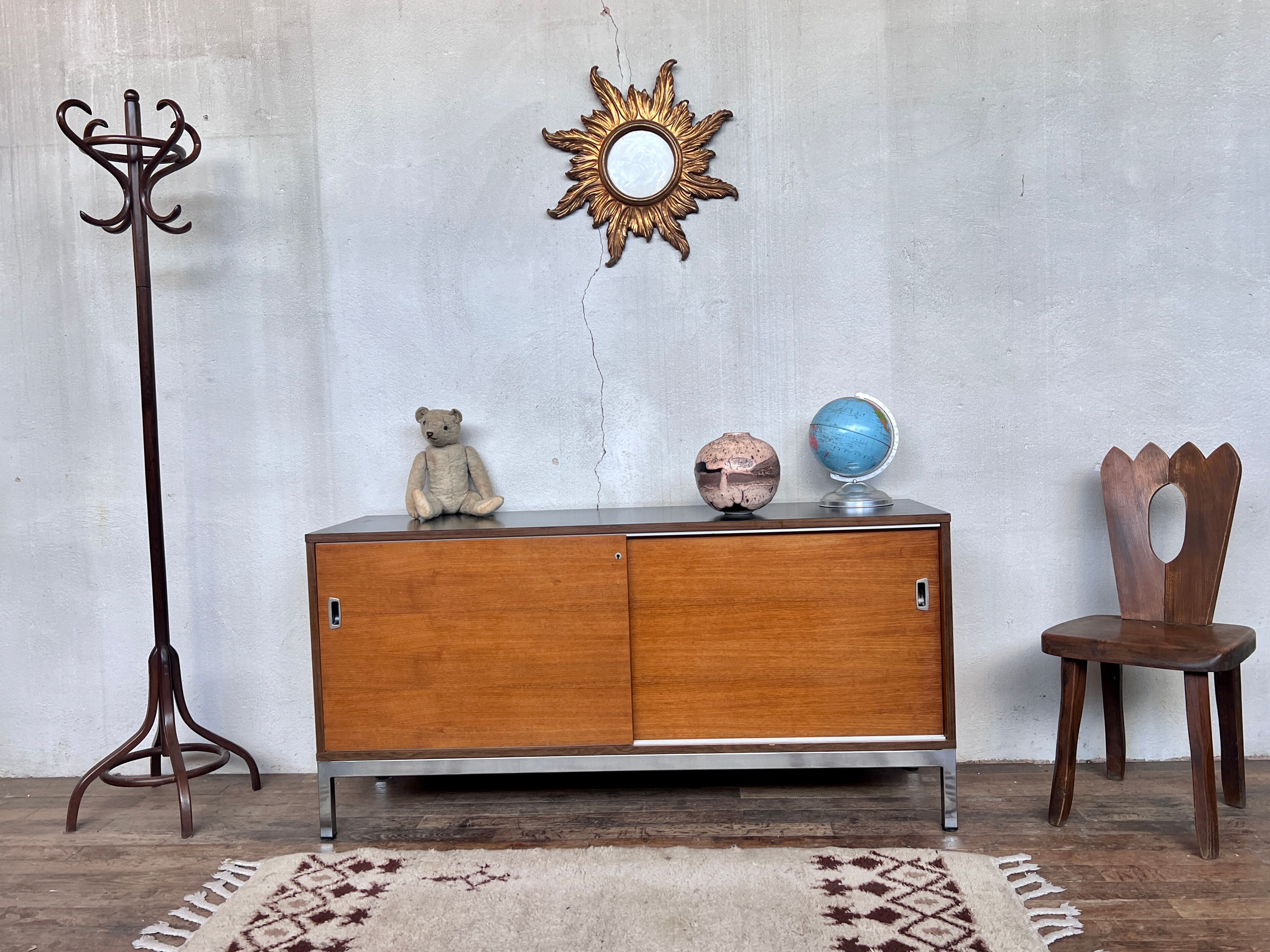 Enfilade 2 sliding doors in teak feet vintage chrome