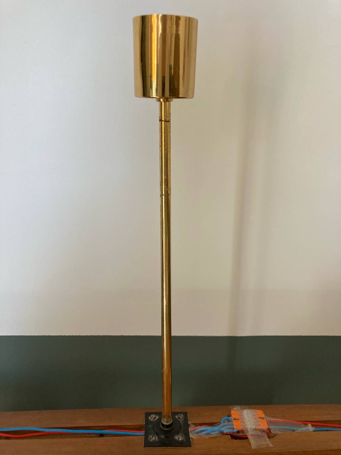 Vintage teak, brass and glass chandelier