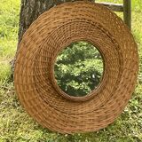 Large vintage mirror 1970 in woven wood, wicker rattan diameter 54 cm