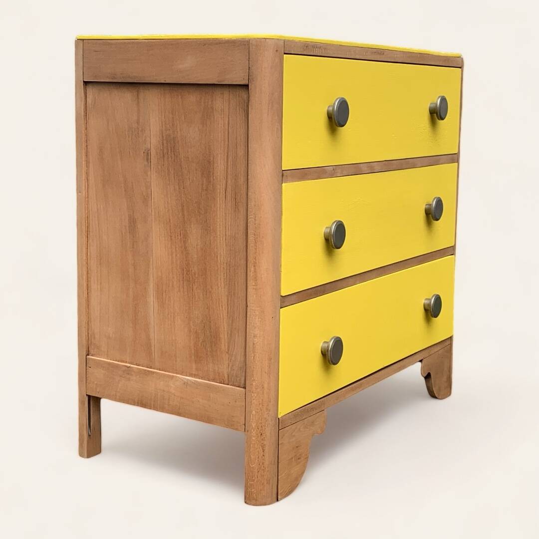 Commode art déco jaune poudré et bois brut