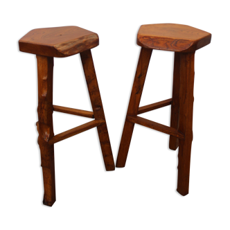 Paire de tabourets de bar en orme massif, 1960