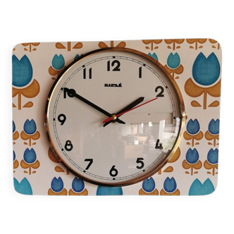 Horloge formica vintage pendule murale silencieuse rectangulaire "Kiplé fleurs bleues"