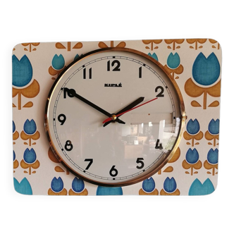 Vintage formica clock rectangular silent wall pendulum "Kiulé blue flowers"