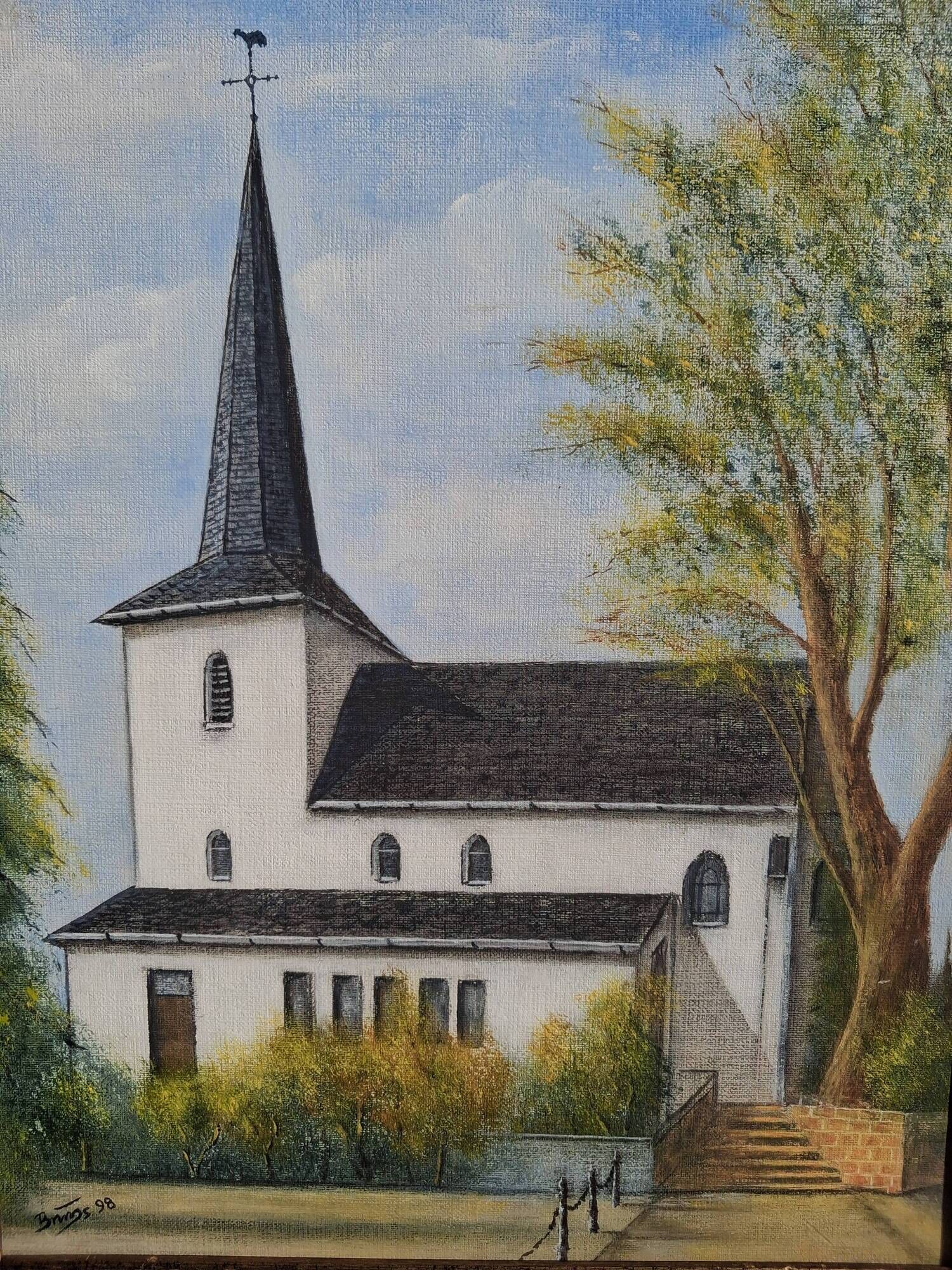 Oil on isorel depicting a church from Northern Europe.