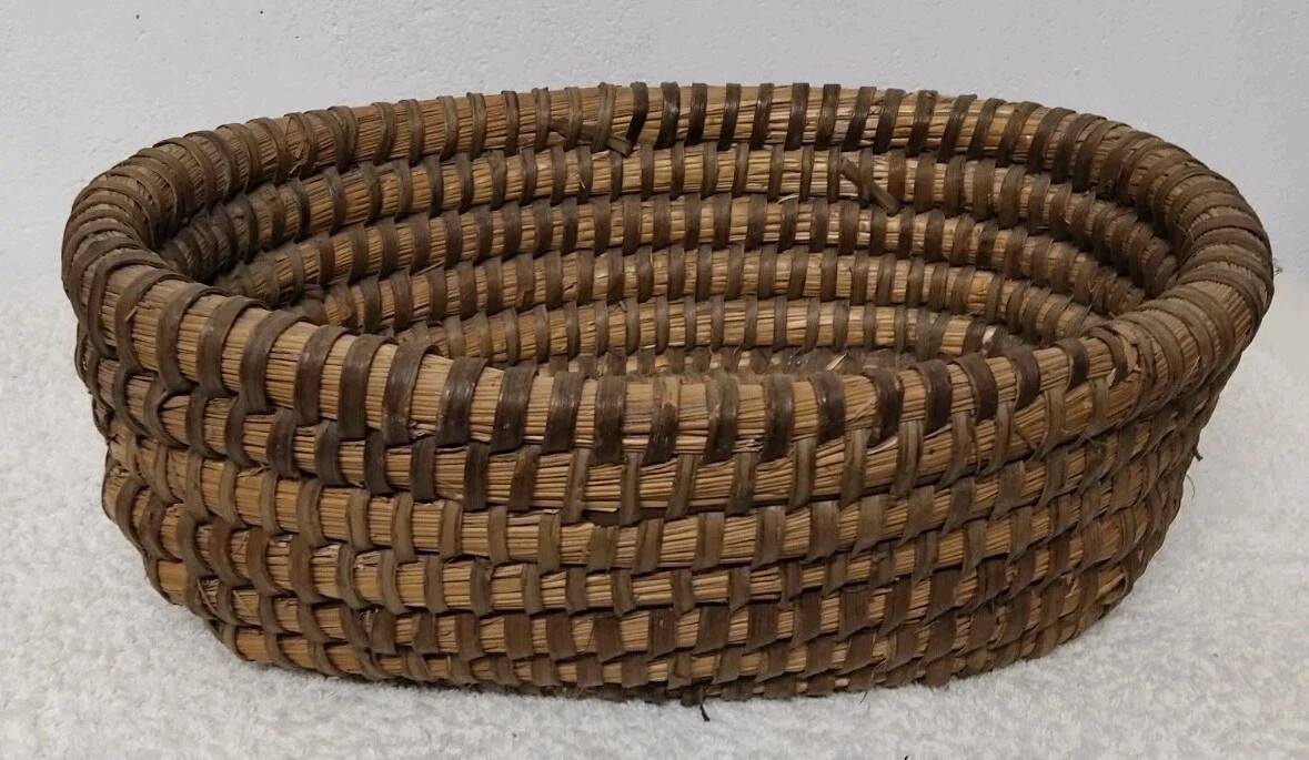 Antique Bread Basket - Vintage Braided Straw Bun Basket
