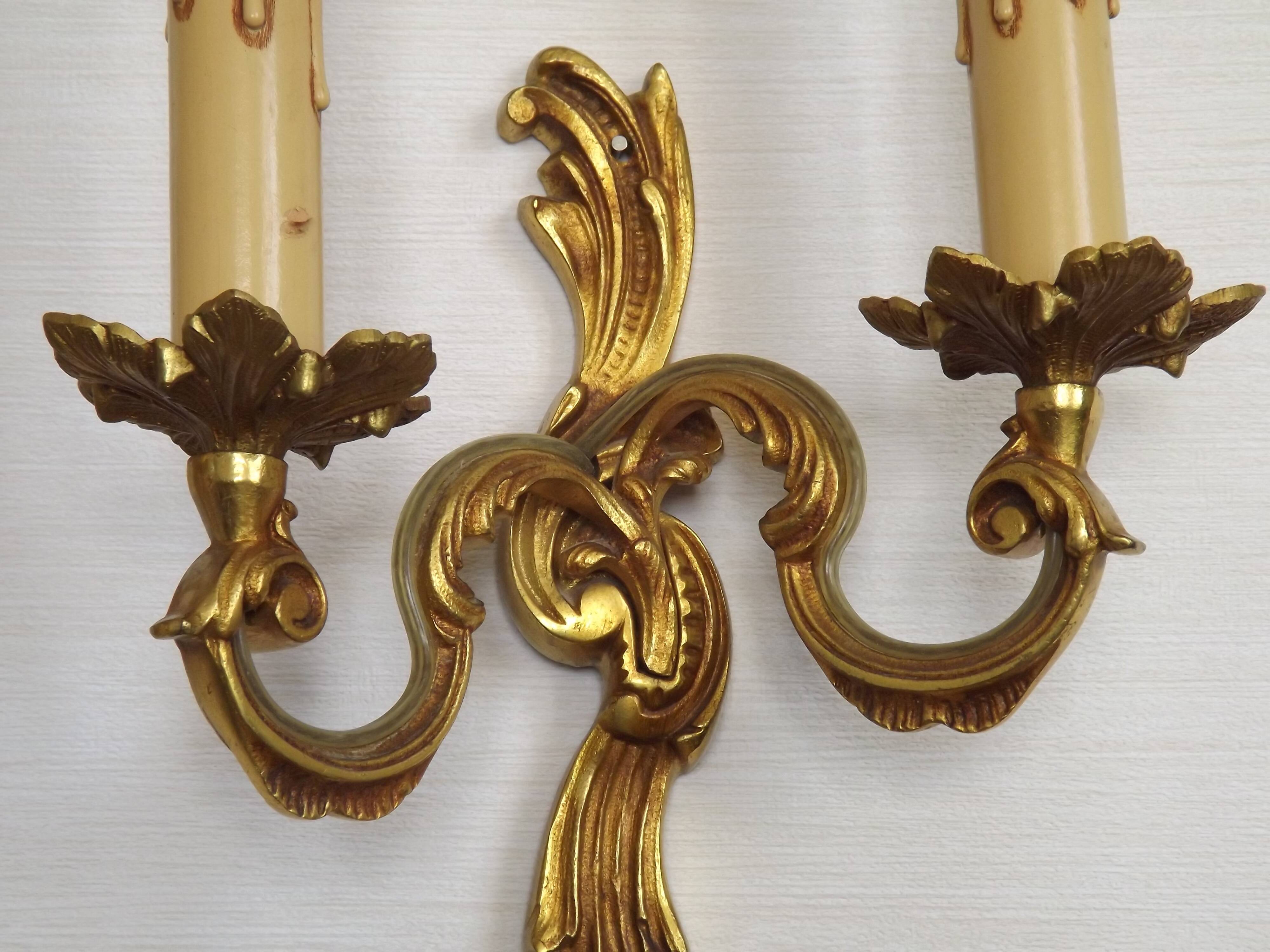 Stylish Vintage French Bronze Double Wall Sconces with Acanthus Leaf Detail