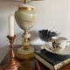 Antique table lamp in marble and tapestry