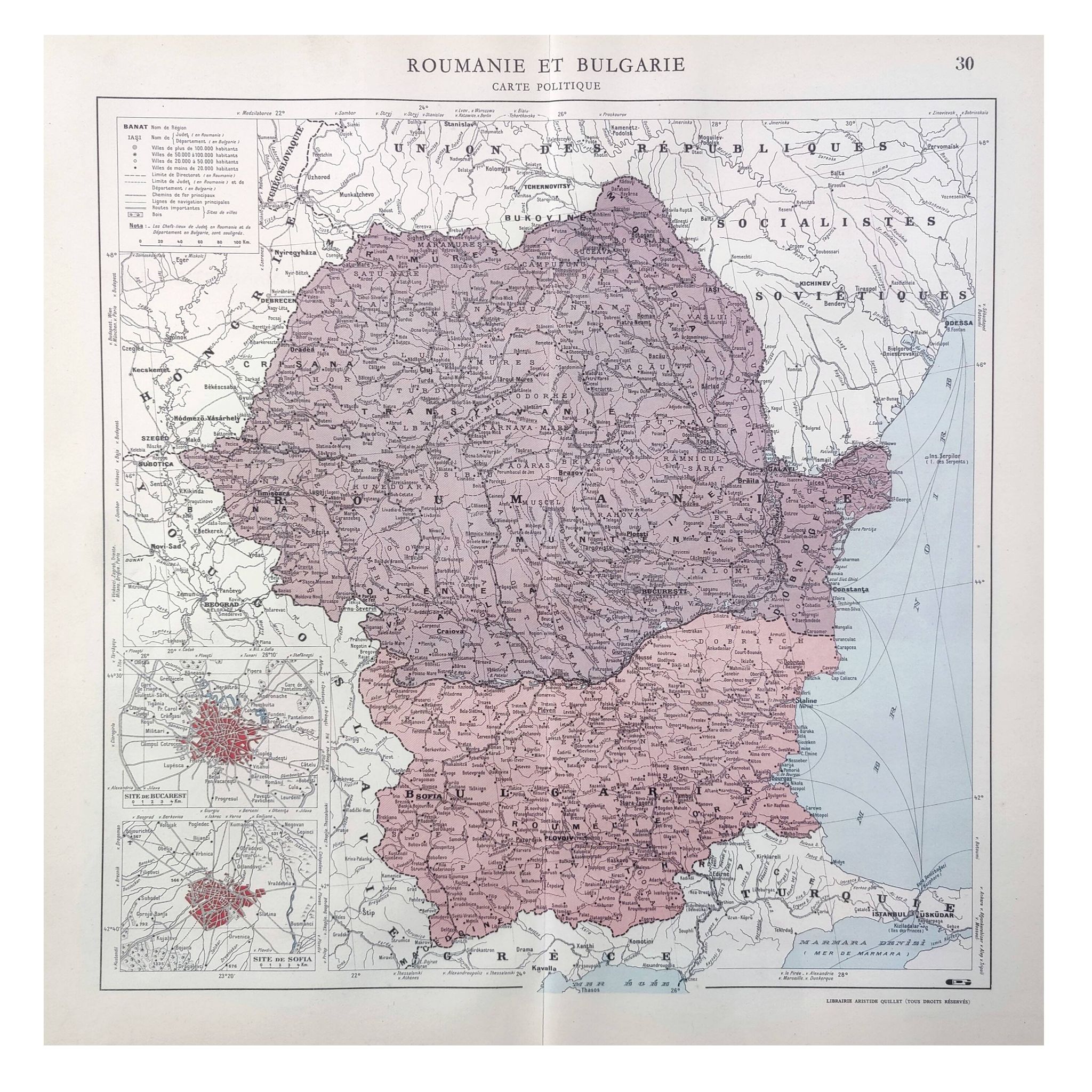 Old map of Romania and Bulgaria 43x43cm from 1950