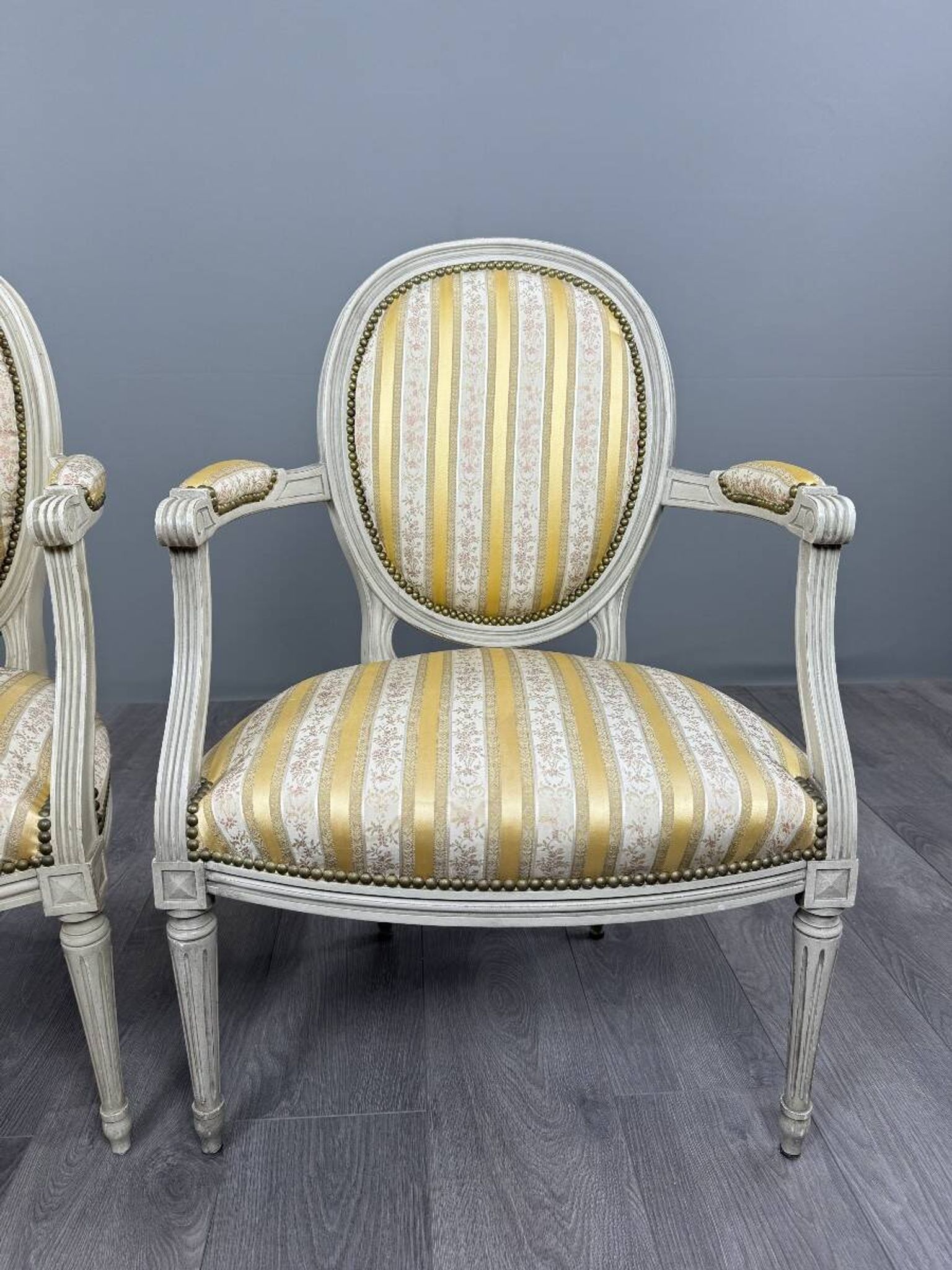 Pair of Medallion Armchairs in Louis XVI Style with Footrests, 20th Century