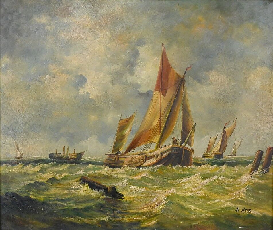 Tableau "Sailboats in Rough Seas" signed Albert Hess – Mid 20th century