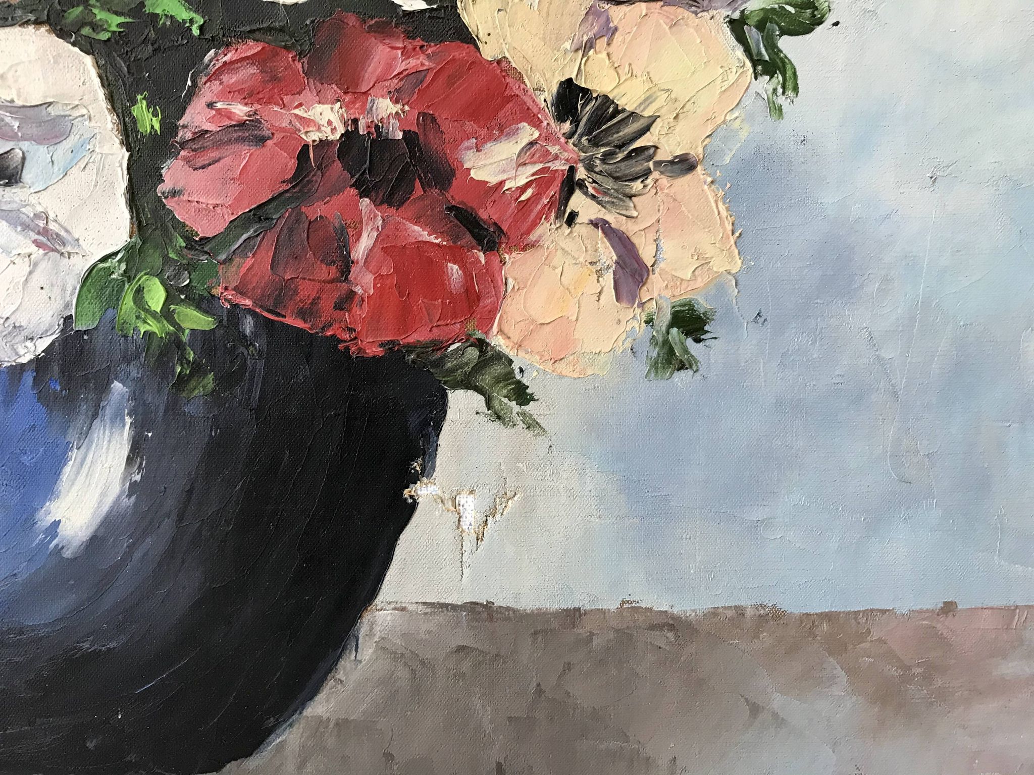 Old painting signed oil on canvas bouquet of vintage anemone flowers