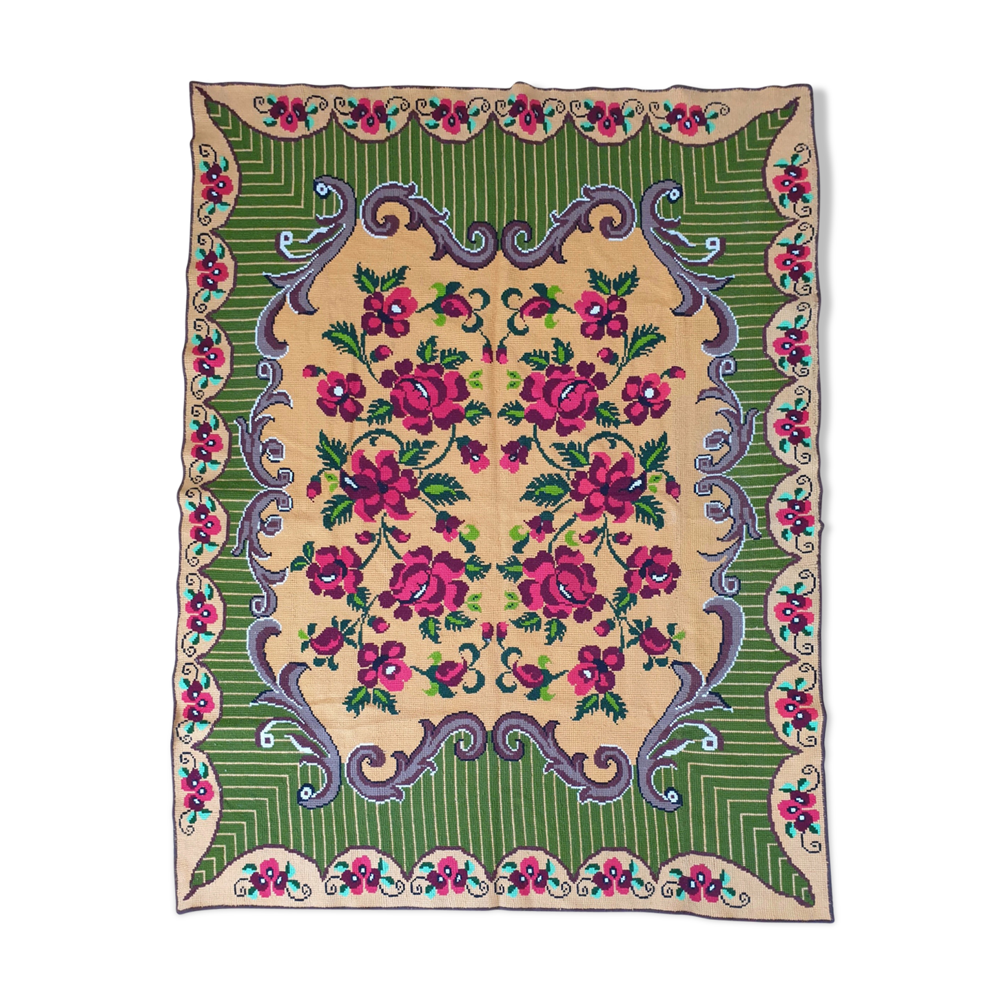 Gorgeous cross stitch floral carpet with red roses made by hand on heme Romania 148x196cm