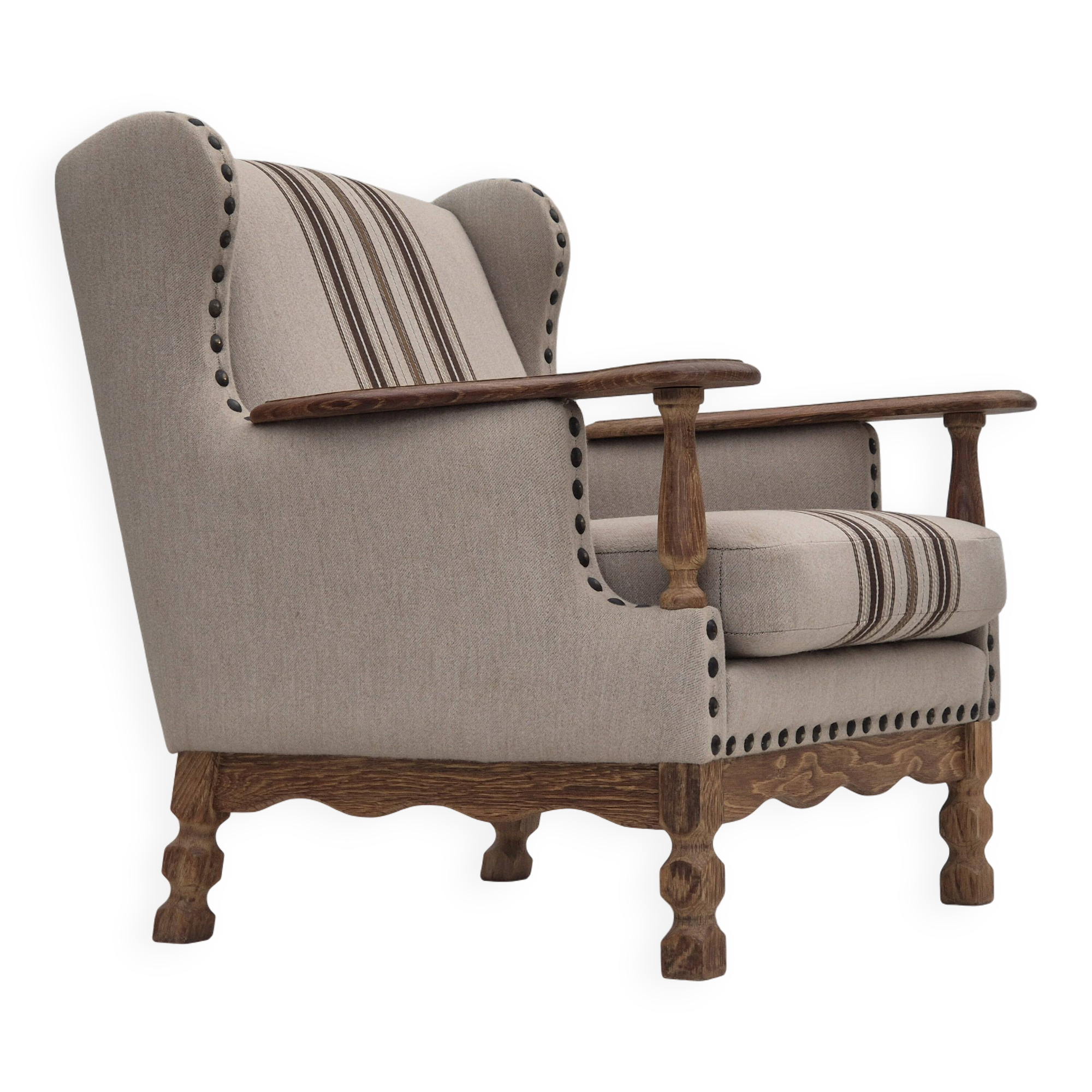 1970s, Danish armchair, furniture wool fabric, oak wood, original condition