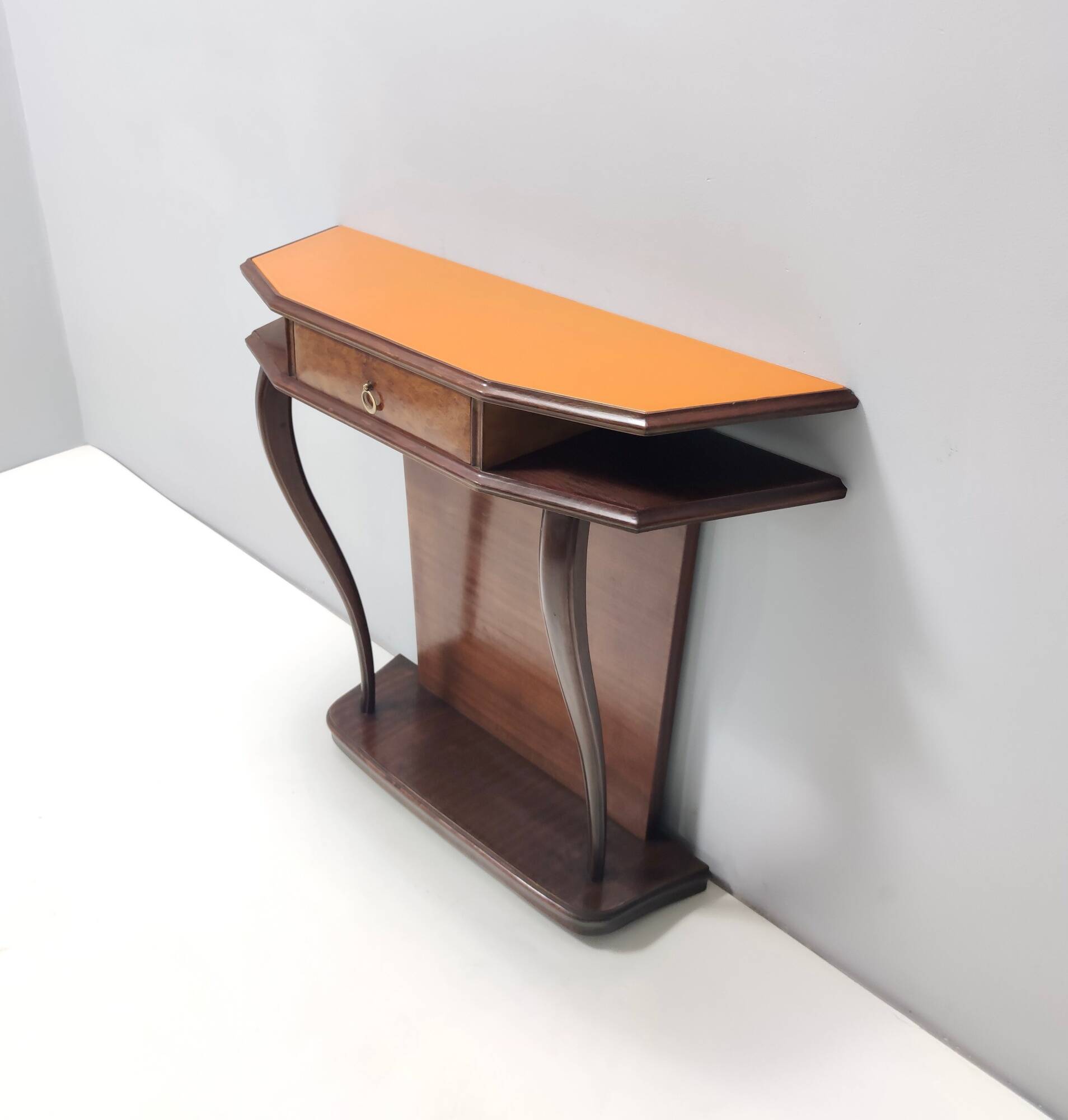 Beech and Walnut Root Console Table with an Orange Glass Top, Italy