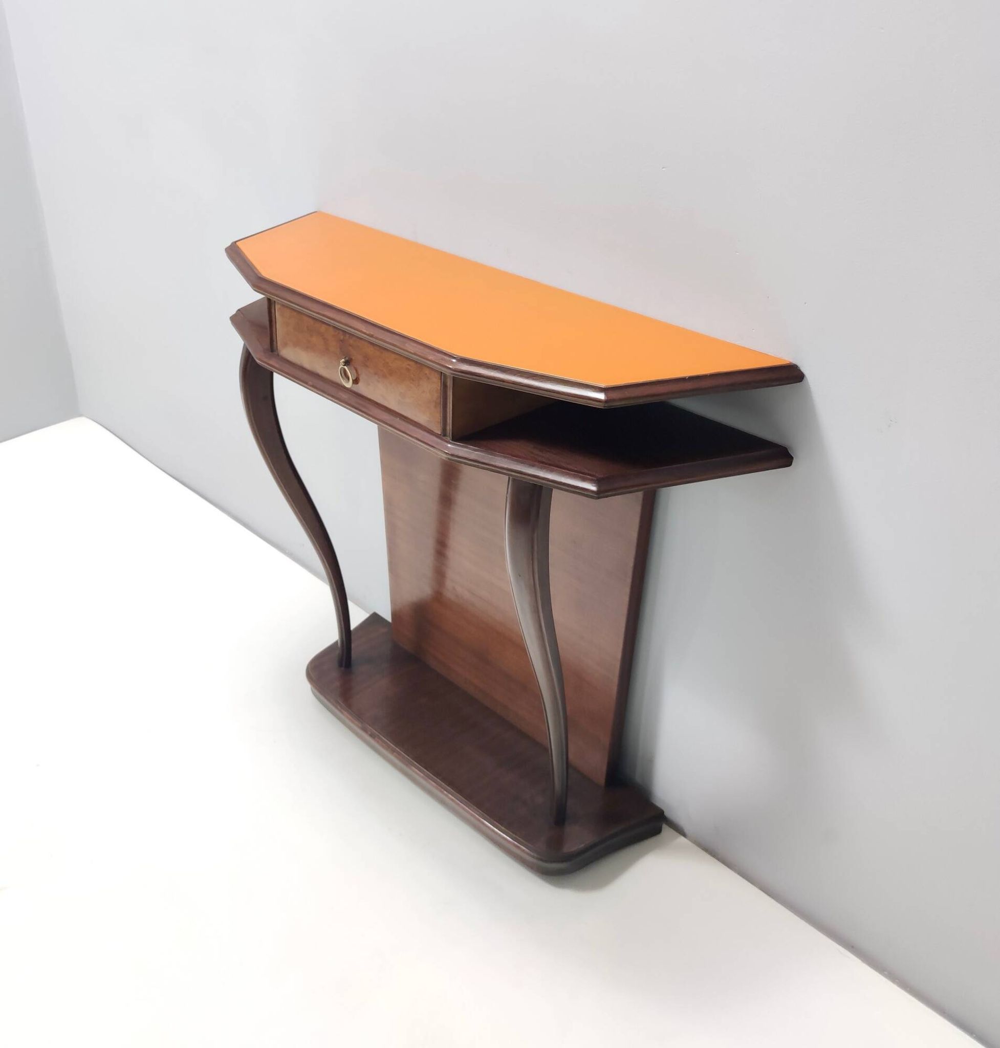 Beech and Walnut Root Console Table with an Orange Glass Top, Italy