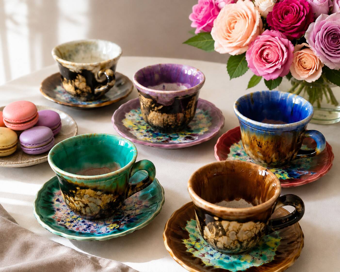 Tasses et soucoupes Morvan en céramique émaillée polychrome