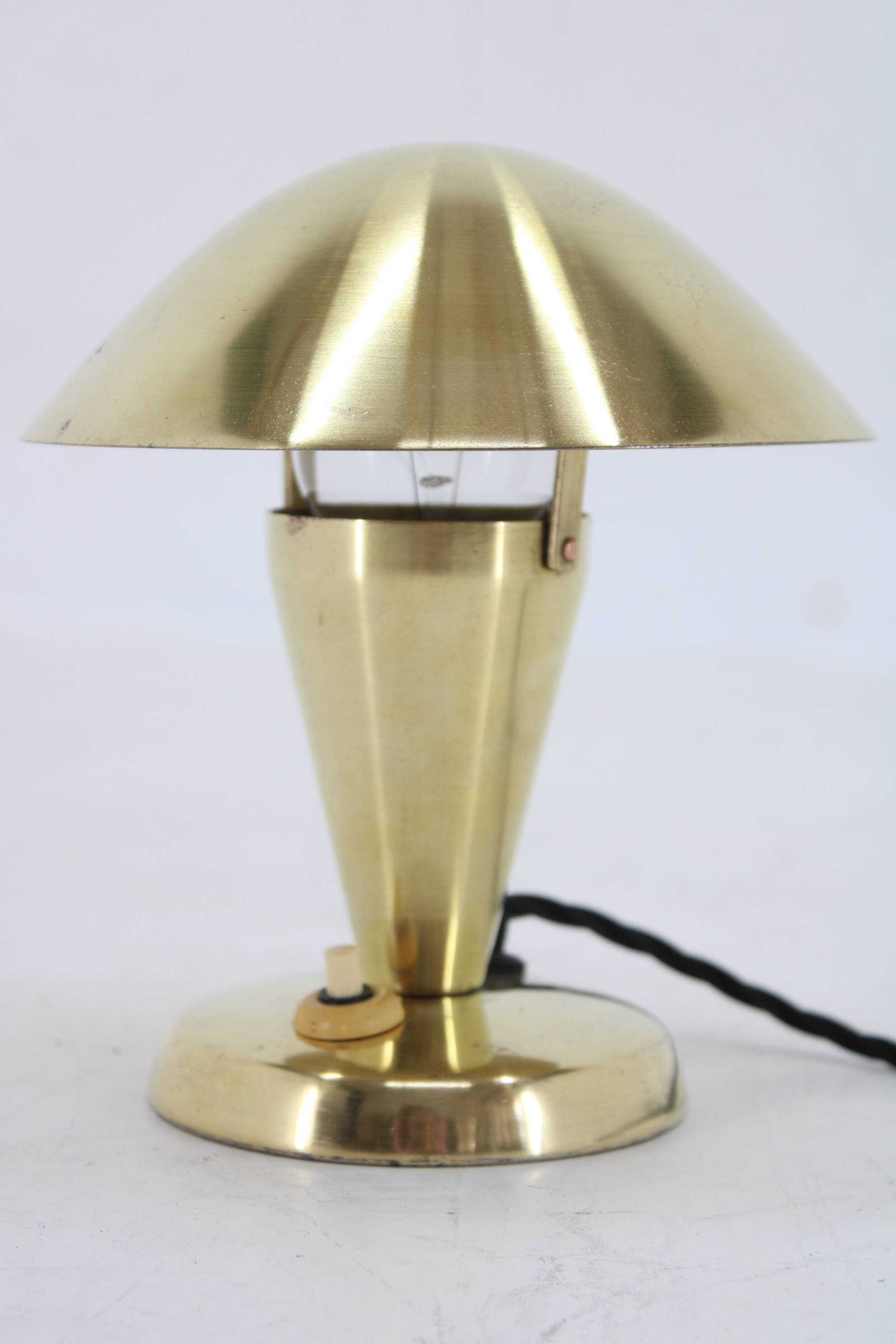1930s Bauhaus Brass Finish "Mushroom" Table Lamp, Czechoslovakia