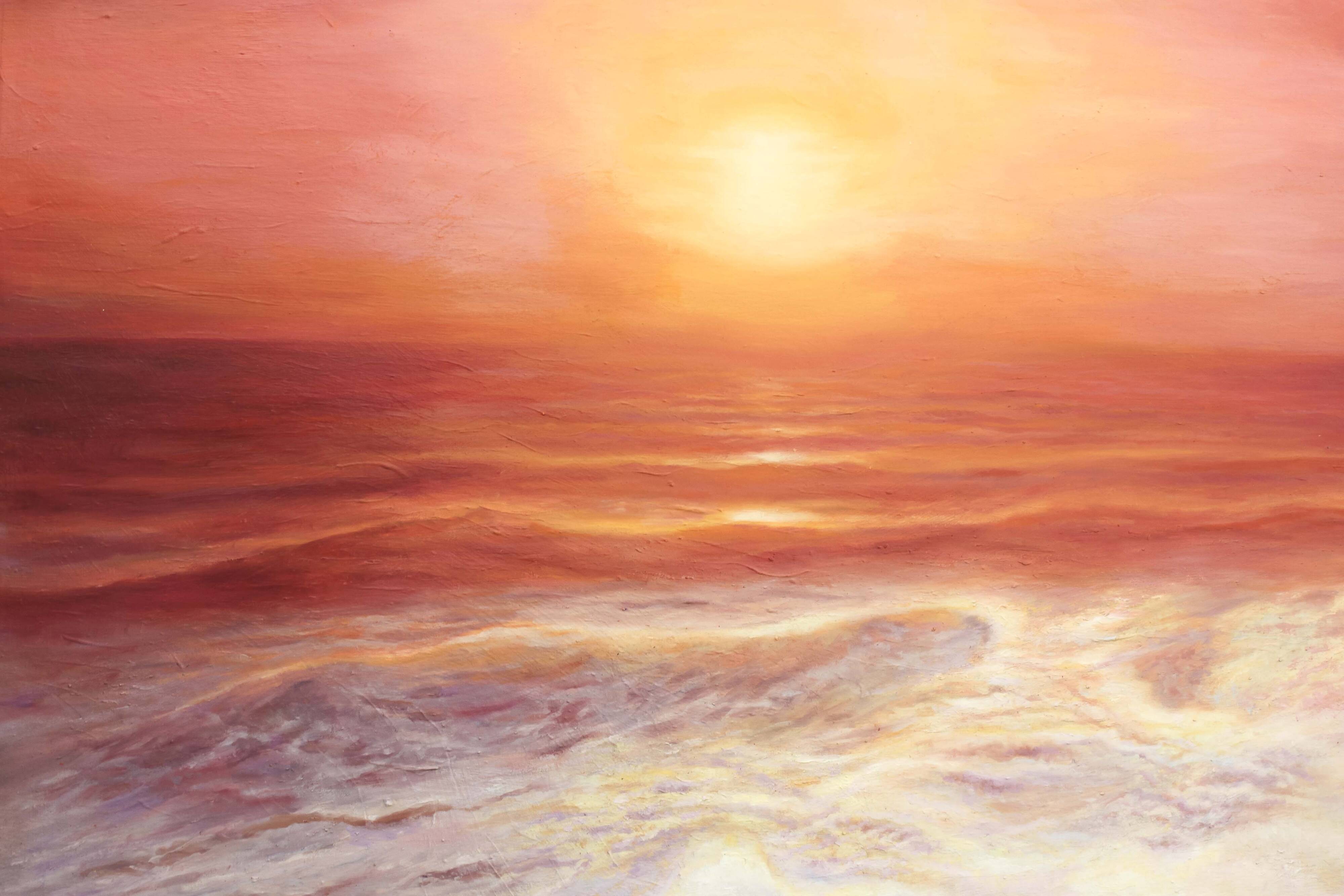 Cuadro del mar al oleo. Pintura de puesta de sol en el mar.