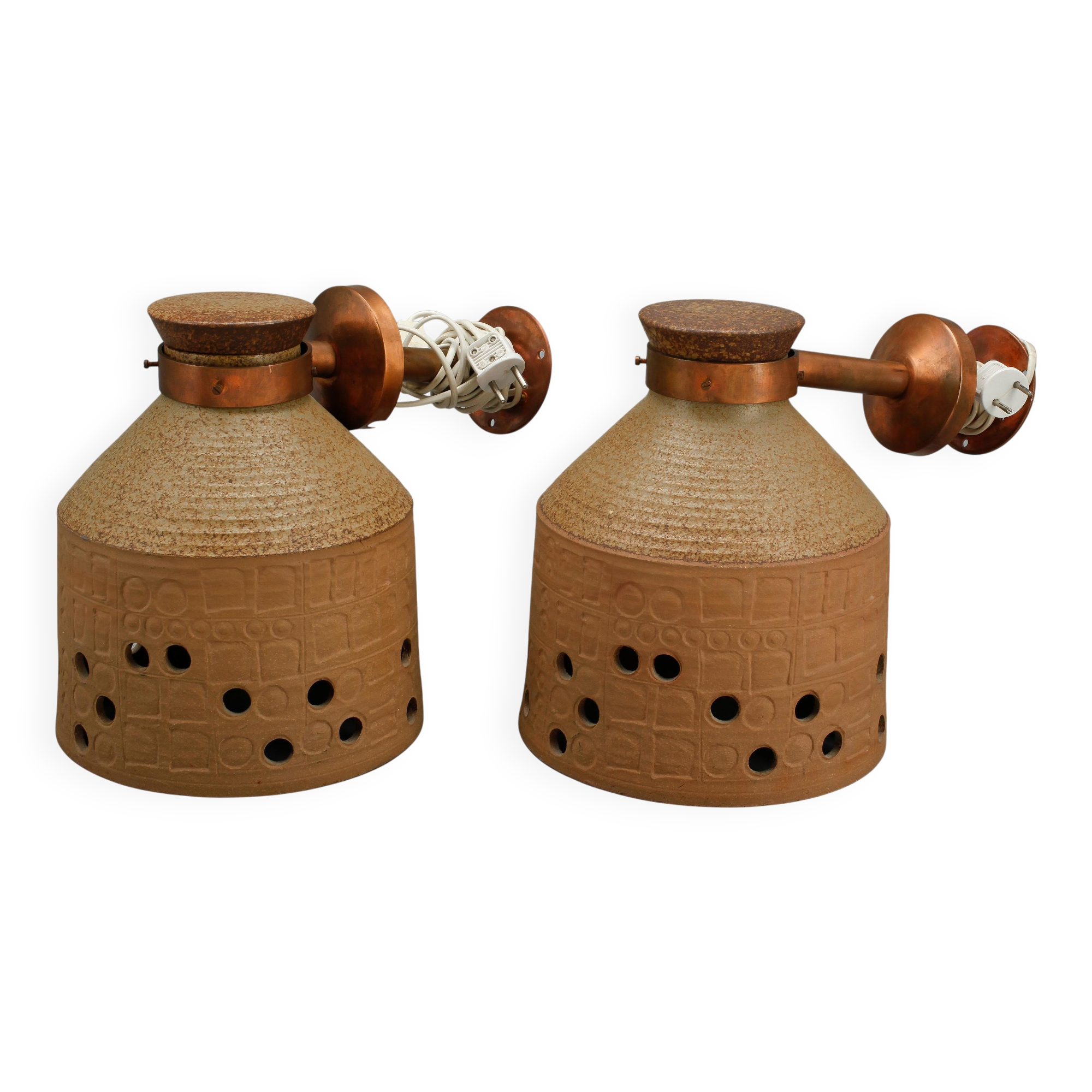 Unique ceramic and copper wall lights by Lisa Larson, Studioarbete Gustavsberg, Sweden, 1960.