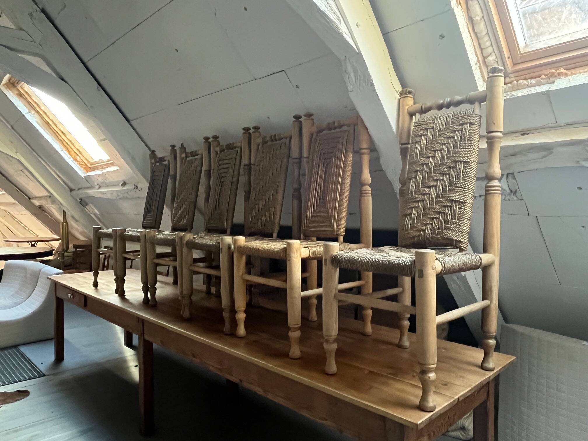 6 wooden and rope chairs attributed to Adrien Audoux & Frida Minet