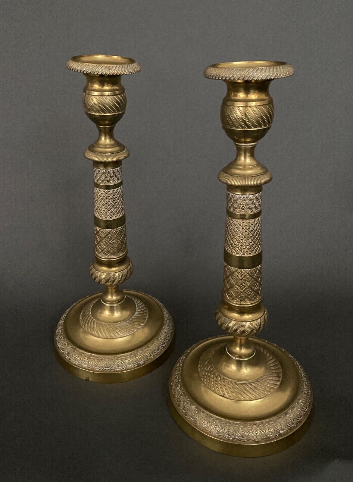 Pair of candlesticks gilded bronze chiseled guilloché first part of the nineteenth