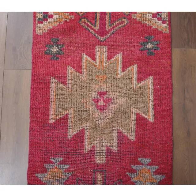 1970s vintage Turkish hand-knotted wool cotton pink runner rug 80x289