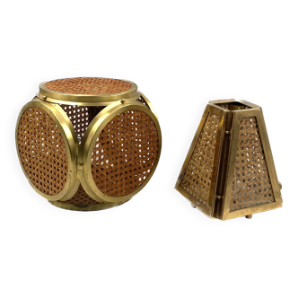 Set of 2 Hollywood regency lamps in brass and Vienna straw, Italy 60's / 70's