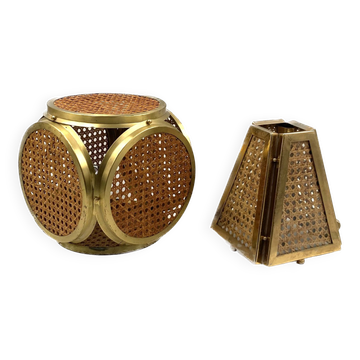 Ensemble de 2 lampes régence hollywoodiennes en laiton et paille viennoise, Italie 60's / 70's
