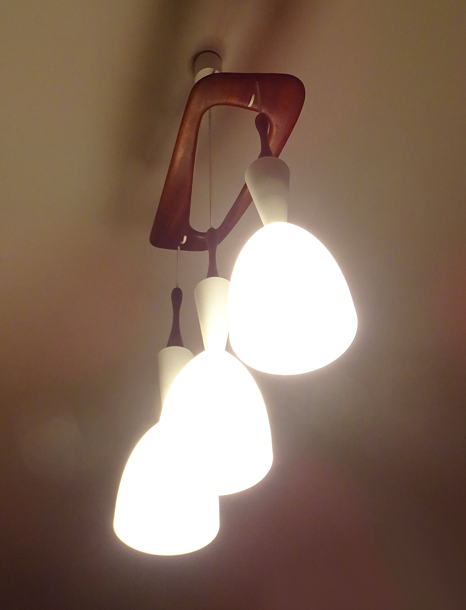 Scandinavian pendant lamp vintage, teak and opaline glasses, 50s