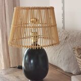 Lampe de table en bois d'ébène et rotin