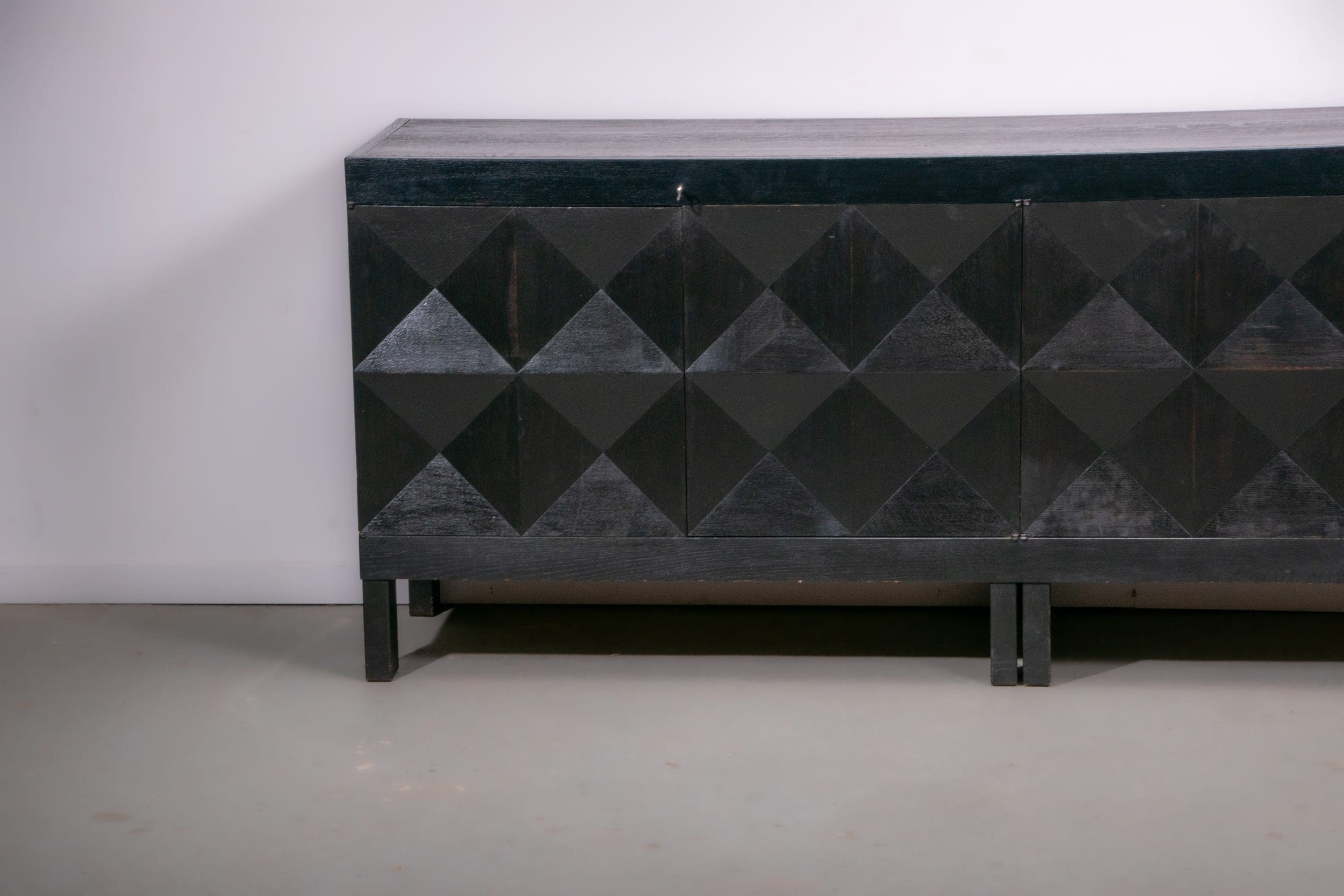 Black oak brutalist sideboard by Jean Batenburg with graphical doors for MI, Belgium