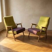 Pair of restored vintage armchairs, green and purple upholstery
