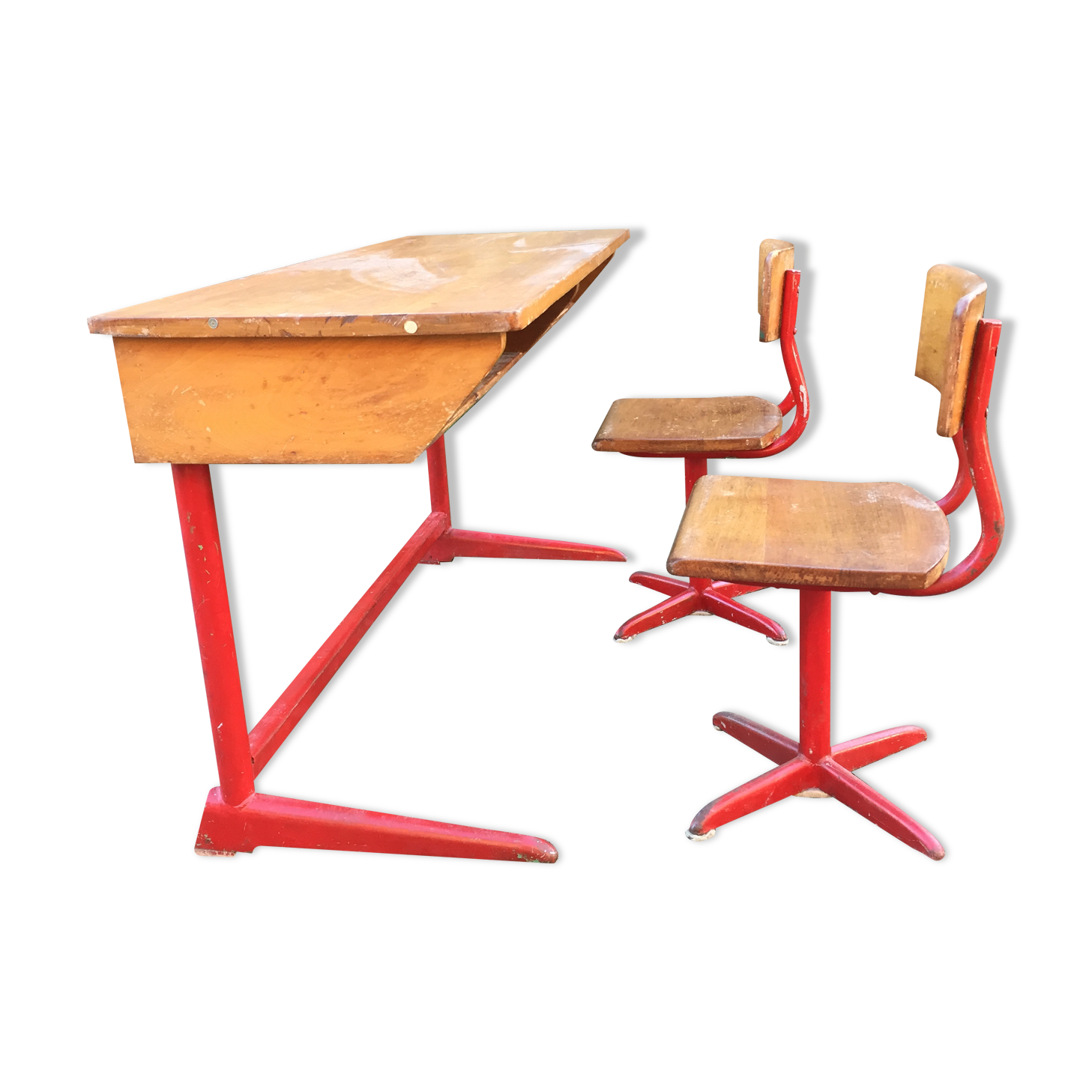 Vintage children's desk 2 places wood and metal with its 2 chairs.