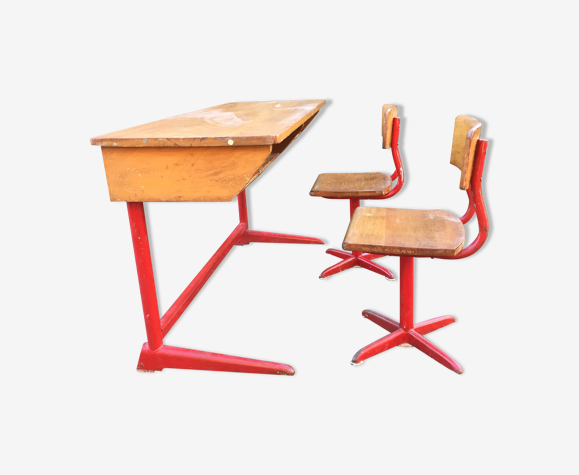 Bureau vintage enfant 2 places bois et métal avec ses 2 chaises.