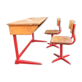 Vintage children's desk 2 places wood and metal with its 2 chairs.