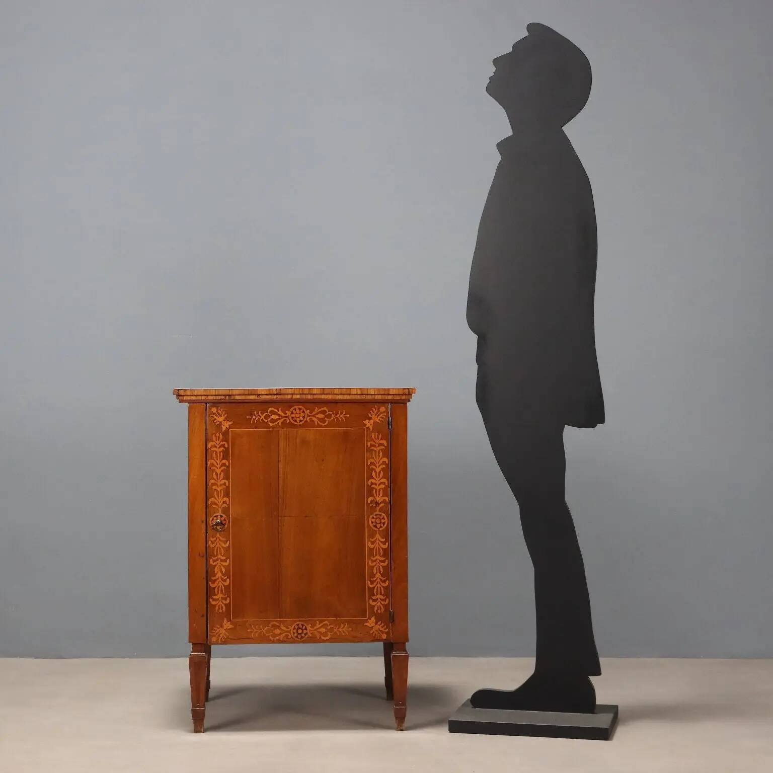 Antique walnut bedside table with maple inlays, converted into a bar cabinet, 19th century.