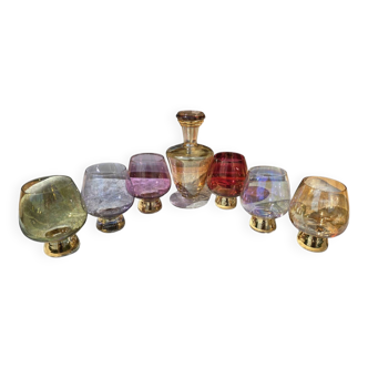 Harlequin liqueur/cognac decanter and 6 glasses, 1950s