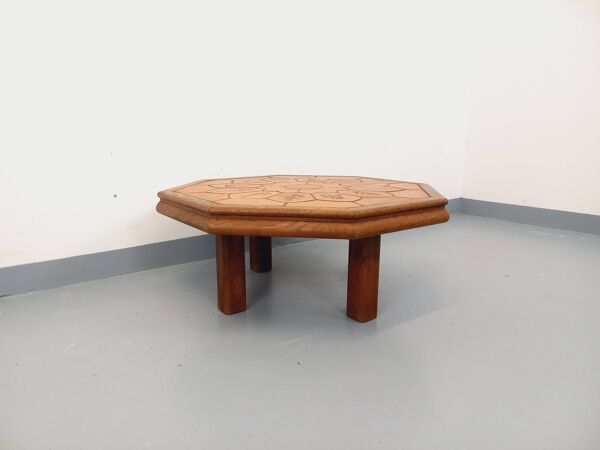 Table basse octogonale Barrois motifs herbier vintage en chêne et céramique