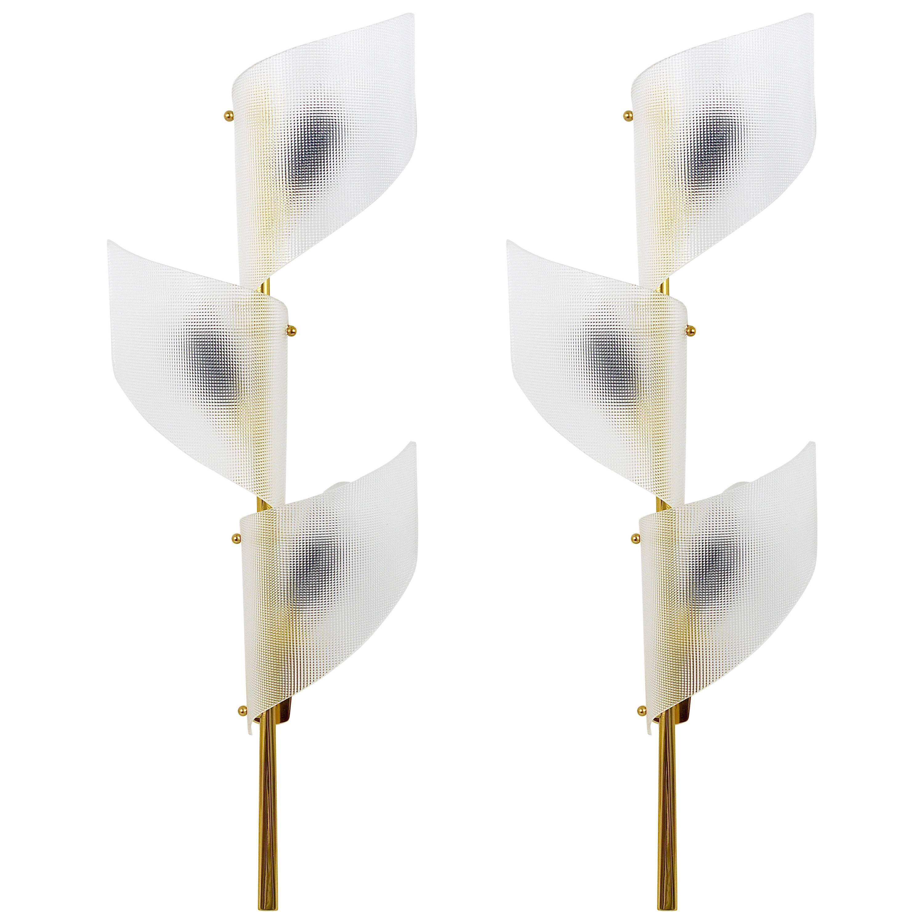 J.T. Kalmar Two Pairs of Large Floral Wall Sconces Auguri in Brass, Austria, 1950s