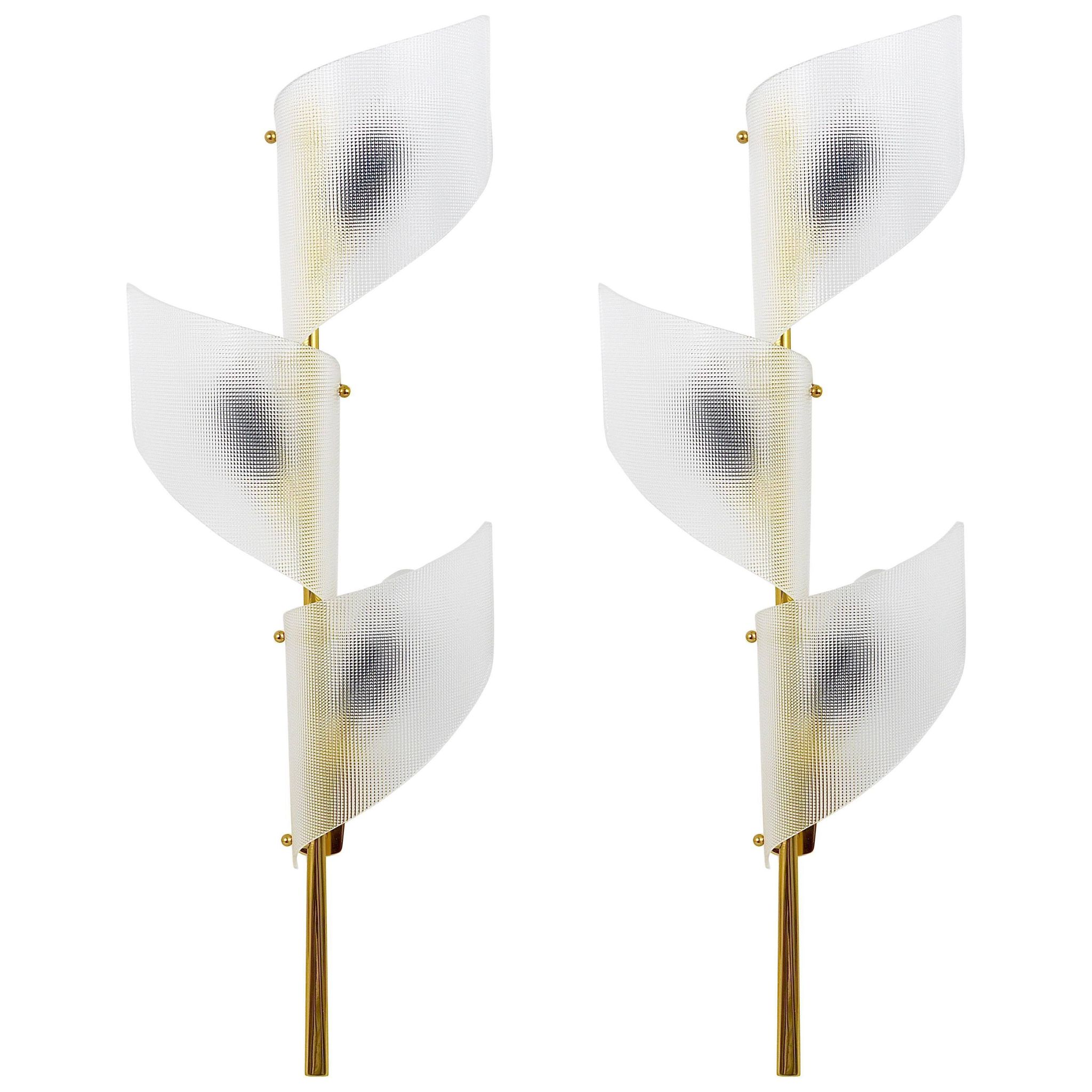 J.T. Kalmar Two Pairs of Large Floral Wall Sconces Auguri in Brass, Austria, 1950s