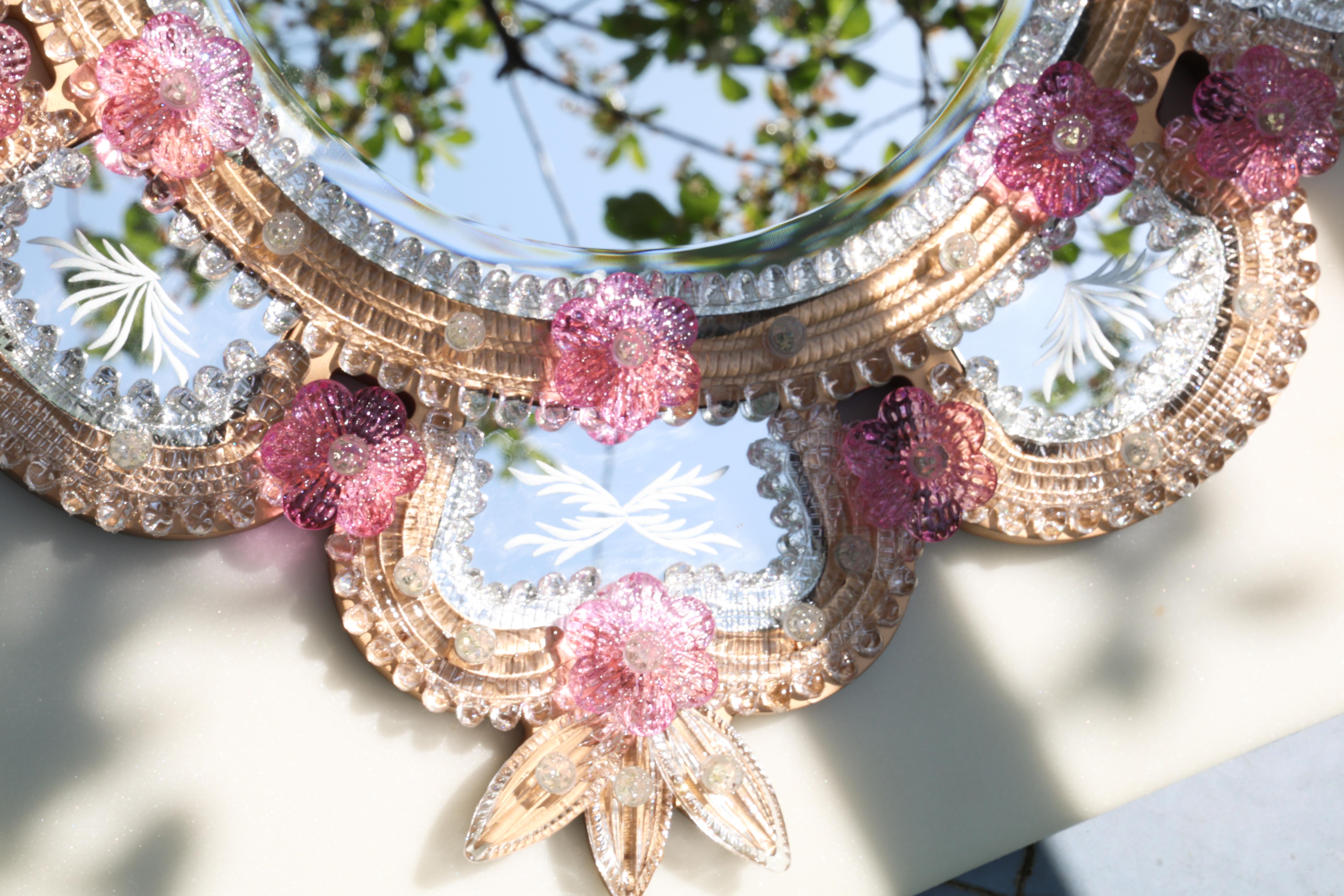 Exceptional Vintage Pink Murano Glass Wall Mirror