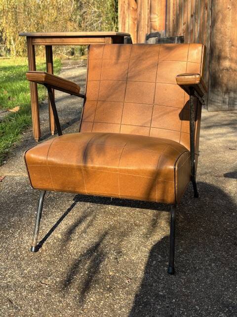 4 camel faux leather armchairs, 1950s