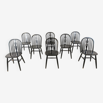 Set of 8 ebonized Ercol Dining Chairs , 1950's