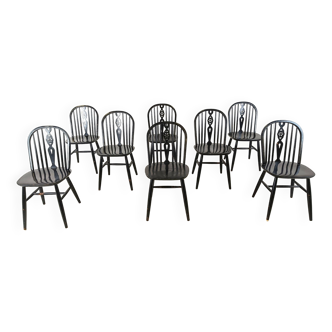 Ensemble de 8 chaises de salle à manger Ercol noircies, années 1950