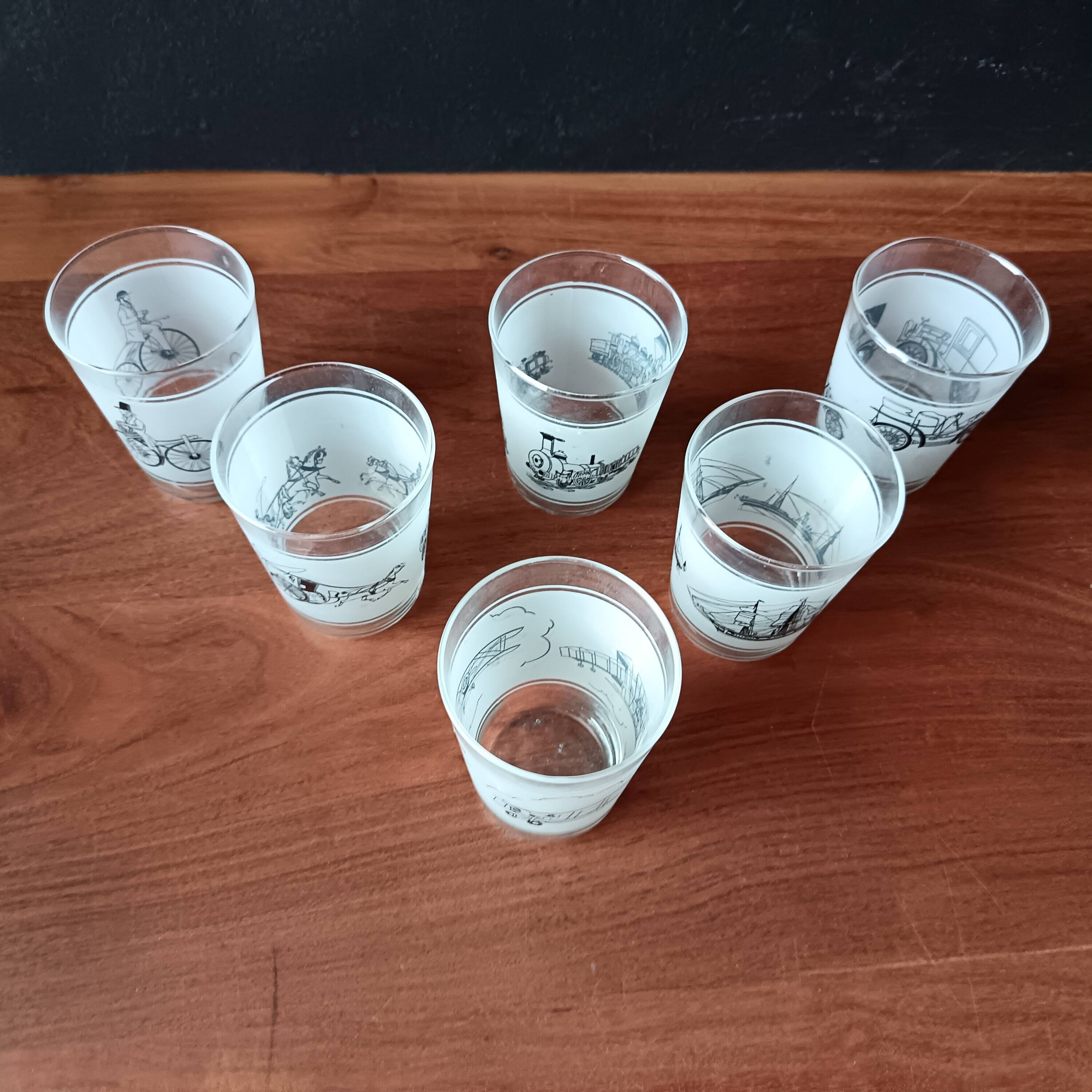 6 vintage water glasses, means of transport, France