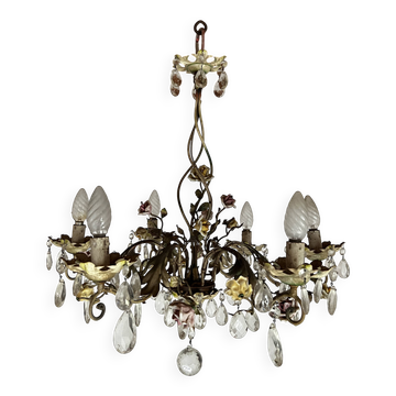 Lustre à décor de Fleurs en Porcelaine et pampilles