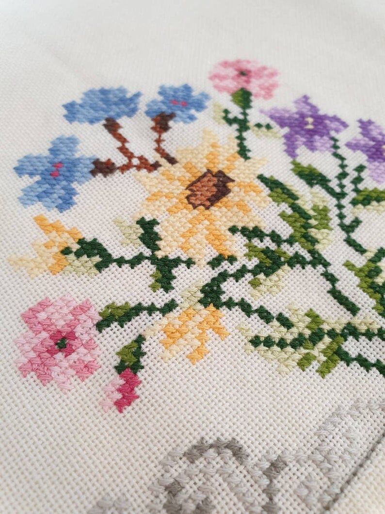 Delicate hand embroidered tablecloth with flowers, Romania