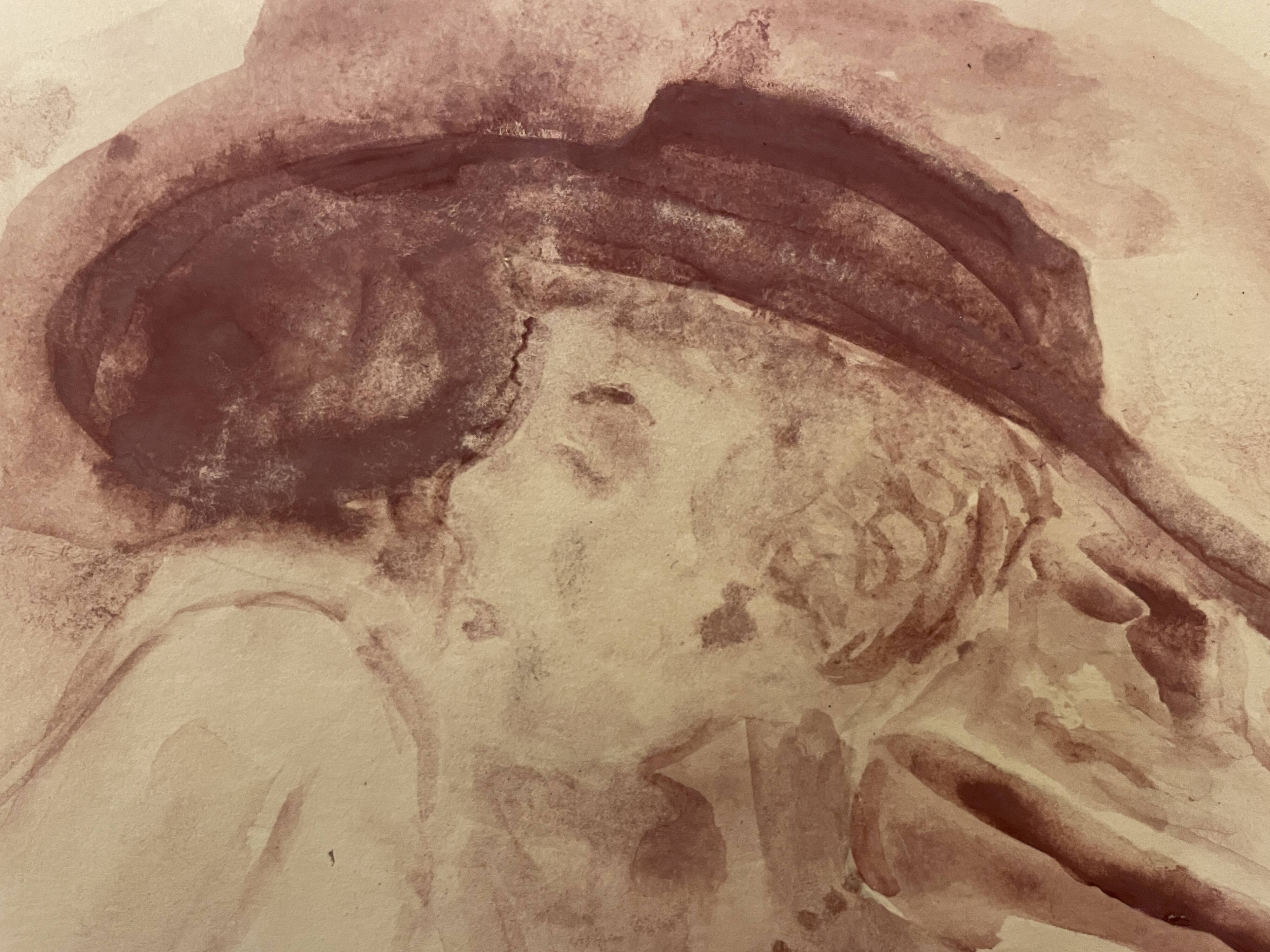 Signed painting monochrome watercolor caput mortum female portrait "Belle époque"