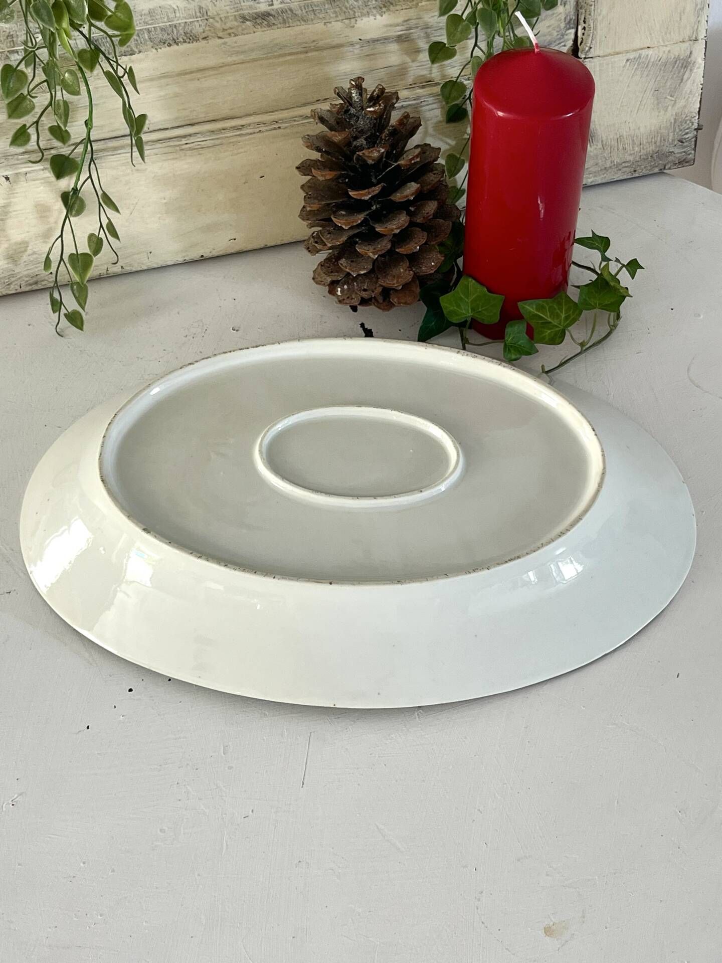 Vintage French Holly Deep Platter, Christmas Serving Dish, Large Oval